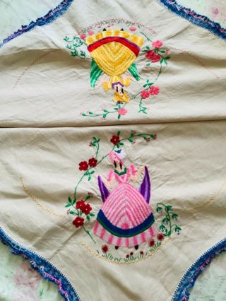 Vintage Tablecloth Hand Embroidered Crinoline Ladies Linen Crochet Lace Edge