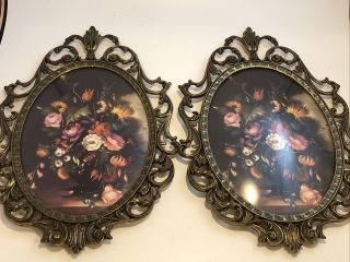 2 Vintage Ornate Metal Oval Picture Frames - Made In Italy