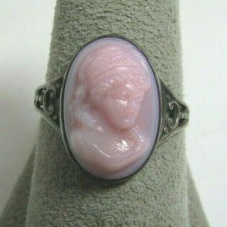 Antique Vintage Art Deco Sterling Silver Pink Cameo Ring Sz 8.  5