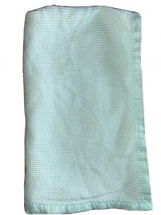 Vintage Acrylic Waffle Weave Blanket Satin Trim Baby Blue 40 X 36 Soft Lt Green