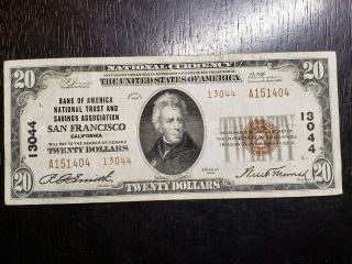 Series Of 1929 $20 National Currency Bank Of Am.  Nat.  Trust & Sav San Fran,  Ca