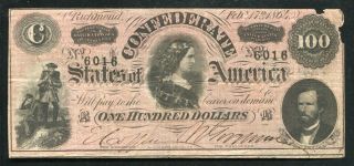 1864 $100 Csa Confederate States Of America Currency Note “lucy Pickens”