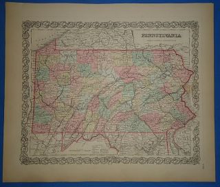 Vintage 1857 Pennsylvania Map - Old Hand Colored Colton 