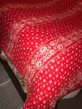 Vintage Red White Twin Full Floral Blanket Bedspread Coverlet Quilted Flowers 3