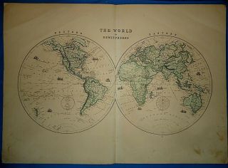 Vintage Circa 1876 East - West World Hemispheres Map Early Old Antique