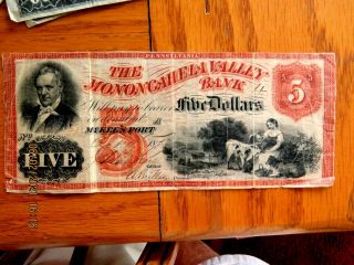 1858 $5 The Monongahela Valley Bank Mckee’s Port Pennsylvania Obsolete Note