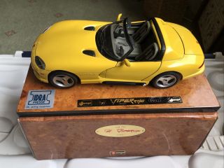 Burago 1:18 Yellow Dodge Viper Rt/10.  (1992) On Wooden Display Stand