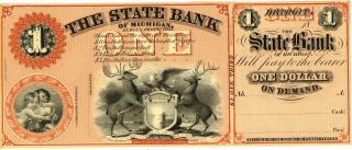 Michigan State Bank $1 Dollar Obsolete Currency Ca 1850 Au