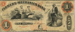 Georgia Farmers & Mechanics Bank $1 Dollar Obsolete Currency 1860