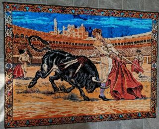 Large Vintage Wall Hanging 55 " ×40 " Velvet Tapestry Spanish Bull Fighting Matador