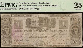 1862 $1 Dollar Bill South Carolina Bank Note Large Paper Money Pmg 25