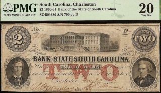 1861 $2 Dollar Serial 700 South Carolina Bank Note Large Paper Money Pmg 20