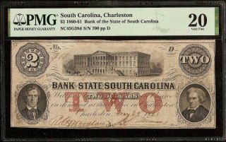 1861 $2 DOLLAR SERIAL 700 SOUTH CAROLINA BANK NOTE LARGE PAPER MONEY PMG 20 3