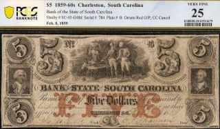1859 $5 Dollar Bill South Carolina Bank Note Large Currency Paper Money Pcgs 25