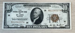 1929 $10 National Note St.  Louis,  Missouri Au