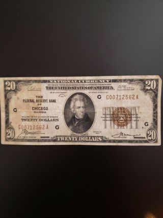 1929 $20 Fed Reserve Bank Of Chicago Note Brown Seal