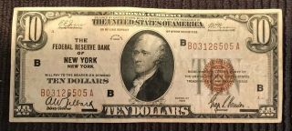 1929 $10 Federal Reserve Bank Of York Note Brown Seal