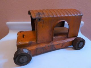 Vintage Orange Metal Truck - Trailer With Wooden Wheels