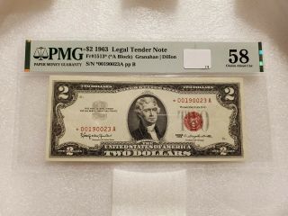 1963 $2 Legal Tender Star Note Fr 1513 (a Block) Pmg 58 Epq