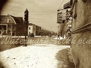 1930s Photo Negative Chicago Car Drug Store Street Scene Soda Fountain Neon Sign