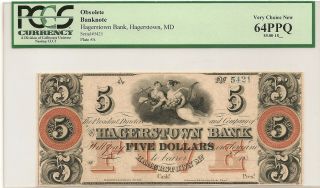 Hagerstown Bank $5 Remainder,  Pcgs 64ppq,  Circa 1850s - 60s,  Haxby Md - 240 - G40b