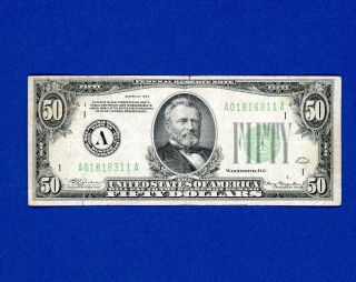 1934 $50 Federal Reserve Note Lime Green Seal Boston A01816311a