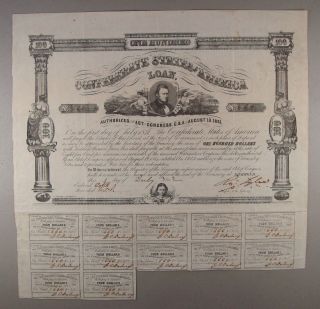 1861 Ball 67 Cr.  32 $100 Confederate States Of America Bond Vf