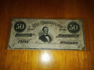 1864 Confederate States Of America 50 Dollars Banknote In Better Than Average Nr
