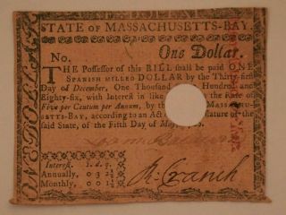 1780 State Of Massachusetts Bay Colonial Currency One Dollar $1 Note