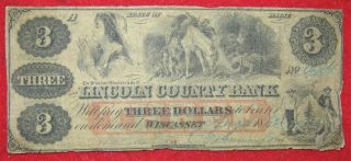 Lincoln County Bank,  Wascasset Maine $3 Obsolete Bank Note,  1862