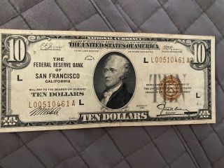 1929 Usa National Currency $10 Ten Dollars Federal Reserve Bank Of San Francisco
