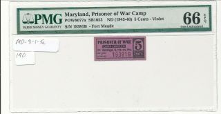 Usa Wwii Pow Camp Chit Md - 8 - 1 - 5a Ft Meade Md 5 Cent Prisoner Of War Pmg 66 Epq