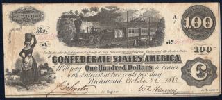 1862 $100 Confederate States Currency Civil War Note Paper Money Richmond