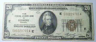 1929 $20 Twenty Dollar Bill National Currency Brown Seal Richmond,  Virginia