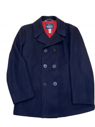 Vintage Woolrich Dark Navy Blue Wool Pea Coat Nautical Size 44 (l - Xl) 4330 Euc