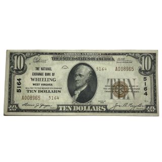 1929 $10 The National Exchange Bank Of Wheeling,  Wv.  National Charter 5164
