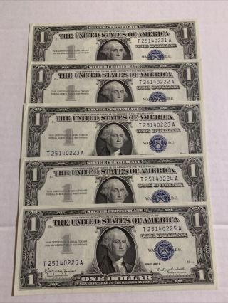 5 Consecutive 1957 B One Dollar Note $1 Silver Certificate Bill Blue Seal