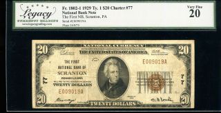1929 $20 1st National Bank Of Scranton Pa Fr.  1802 - 1 Ty.  1 Ch 77 Vf20 E009019a