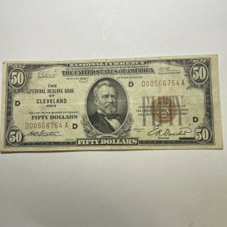 $50 1929 Cleveland National Currency Bank Note Bill Federal Reserve