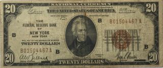 1929 $20 Twenty Dollar Bill National Currency Brown Seal York