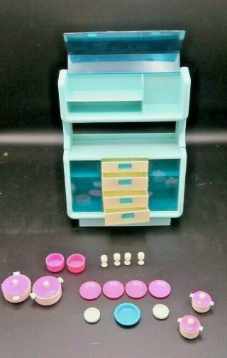 Mattel Barbie Dreamhouse Blue Dining Buffet Cabinet Hutch & Dishes 1978 Vintage