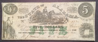 1864 - State Of Alabama - 5 Dollars