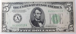 1934 A Federal Reserve Note $5 Five Dollars Lime Light Green Seal Uncirculated
