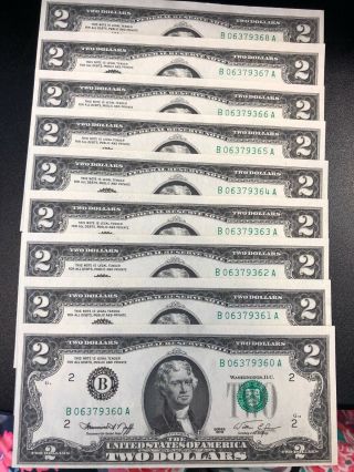 9 Consecutive 1976 ($2) Two Dollar Bills – Crisp - Uncirculated