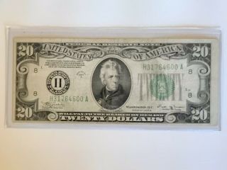 1934 B $20 Federal Reserve Note Very Fine Lime Green Seal On