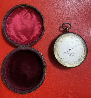 Antique J.  J.  Hicks Of London Brass Compensated Pocket Barometer Altimeter W/ Case