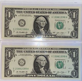 Rare Pair 2013 Uncirculated Repeaters $1 Dollar Fancy Serial Number Us Currency
