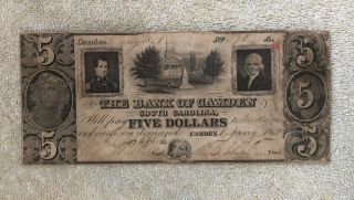 Pre Civil War South Carolina Currency 1857 5$ Note Camden Authentic Conditi