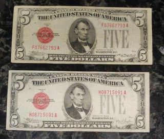 1928 Circulated Five Dollar $5 Red Seal Notes