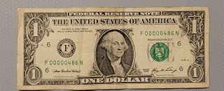 2006 $1 Frn Fancy Low Serial Number F 00000486 N Dollar Bill 3 Digit Washington
